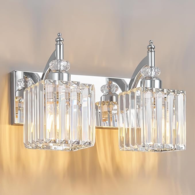Crystal Vanity Lights Chrome 2 Light Bathroom Light Fixtures Over Mirror Modern Vanity Light for Bathroom