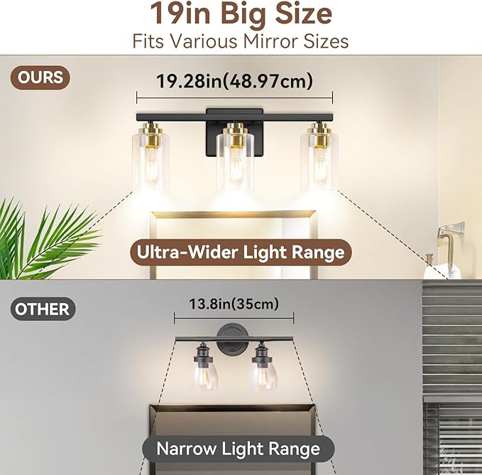 3-Light Bathroom Light Fixtures, 19" Modern Vanity Lights Over Mirror with Clear Glass Shades, Black & Gold Light Fixture, Classic Wall Light Fixture for Mirror Living Room Cabinet Bedroom Porch