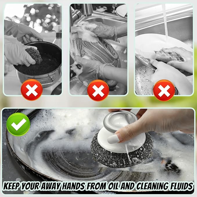 2Pcs Stainless Steel Wool Scrubber with Handle, Heavy Duty Pot Scrubbers Dish Scrubber Cleaning Brush Wash for Dish, Stainless Steel Scrubbing Brushes Cleaning Supplies for Pots, Pans, Grills, Sink