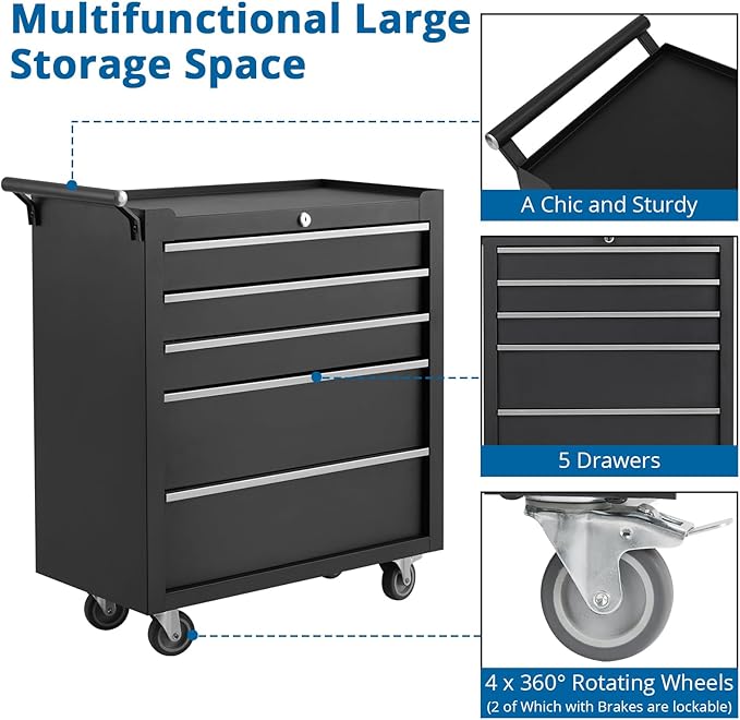 Garvee Rolling Tool Chest, 5 Drawers Tool Storage Cabinet, Toolbox with Wheels, Portable Tool Cabinet Organizer with Locking System & Drawer Liners, Tool Storage Cart for Garage, Workshop, Black