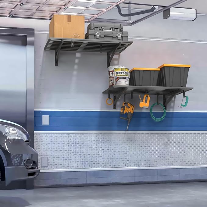 2-Pack 2x3ft Garage Shelving Wall Mounted, 2' x 3' Heavy Duty Garage Storage Shelves with Hooks, 400LB Capacity