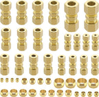 46pcs Brass Compression Tube Pipe Fittings Assortment Kit, Taiidaues 1/8" 3/16" 1/4" 5/16" 3/8" 1/2" OD Compression Union Connector & Compression Sleeves Ferrules