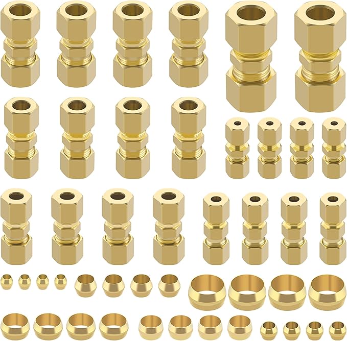 46pcs Brass Compression Tube Pipe Fittings Assortment Kit, Taiidaues 1/8" 3/16" 1/4" 5/16" 3/8" 1/2" OD Compression Union Connector & Compression Sleeves Ferrules