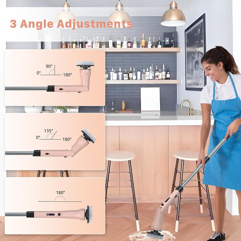 Electric Spin Scrubber, Hillyfe Power Shower Cleaning Brush with 7 Replaceable Brush Heads, IPX7 Waterproof, 2 Speeds (300/400 RPM) Electric Scrubber with Wall Mount Hook for Bathtub, Floor，Pink