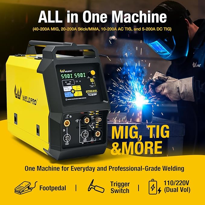 Weldpro MIG Welder 200A with Pulse, Aluminum MIG Welder 110V/220V with MIG/Flux Core/Stick/Spool Gun/AC/DC TIG 6 in 1 MultiProcess Welding Machine with Foot Pedal Omni 210