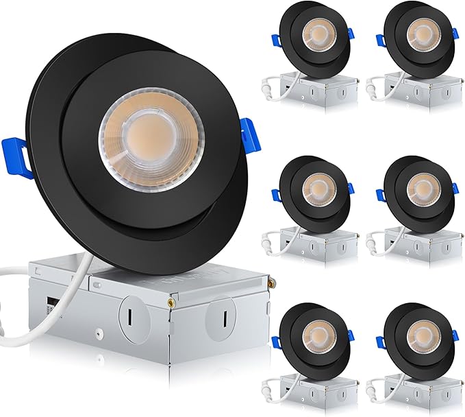 Black Gimbal Recessed Lighting 4 Inch 6 Pack, Ajustable Eyeball recessed Light with Junction Box,5 Color Selectable,Airtight,9W 750LM,Dimmable,Black