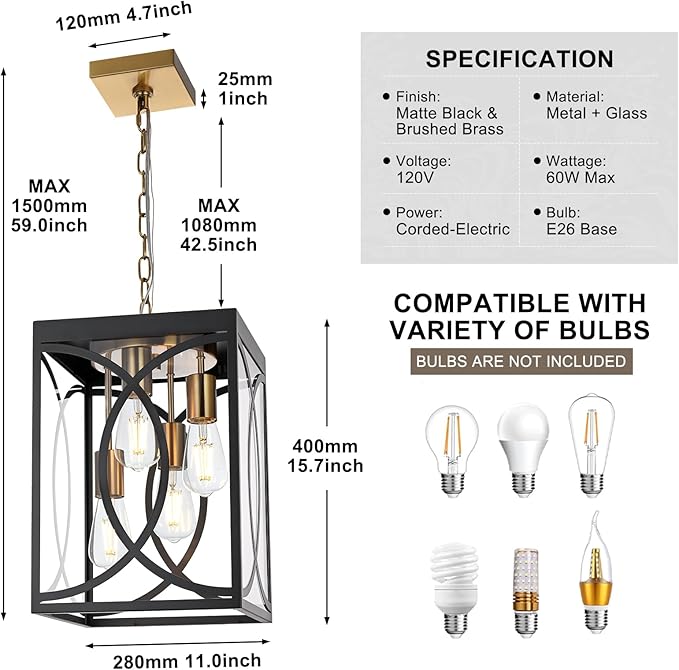 4-Lights Large Outdoor Pendant Light Fixture, E26 Bulb Base Porch Hanging Lighting in Black & Brushed Brass, Modern Exterior Lantern Chandelier Ceiling Mount for Patio Front Door