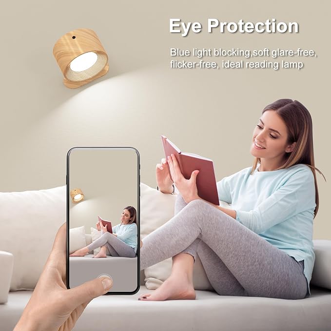 Koopala 3PACK Rechargeable LED Wall Sconce, Cordless Battery with Remote Powered Wall Sconce, 3 Brightness Levels, 360° Swivel Magnetic Shade for Reading Bedside, Wood Grain Color.