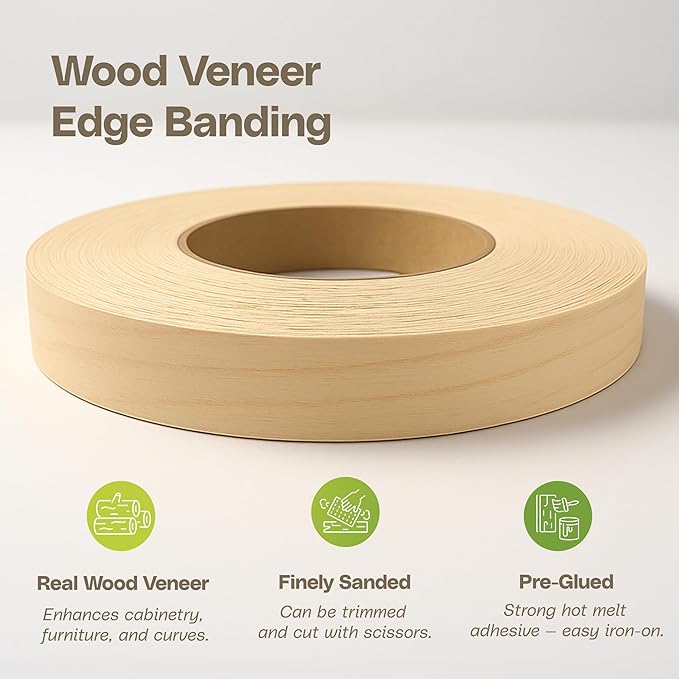 Edge Supply Birch 1/2 in x 250 ft Roll – Pre-Glued Iron On Wood Veneer Tape – Wood Veneer Edge Banding Tape with Hot Melt Adhesive, Smooth Sanded Finish Ideal for Furniture & DIY, Made in USA