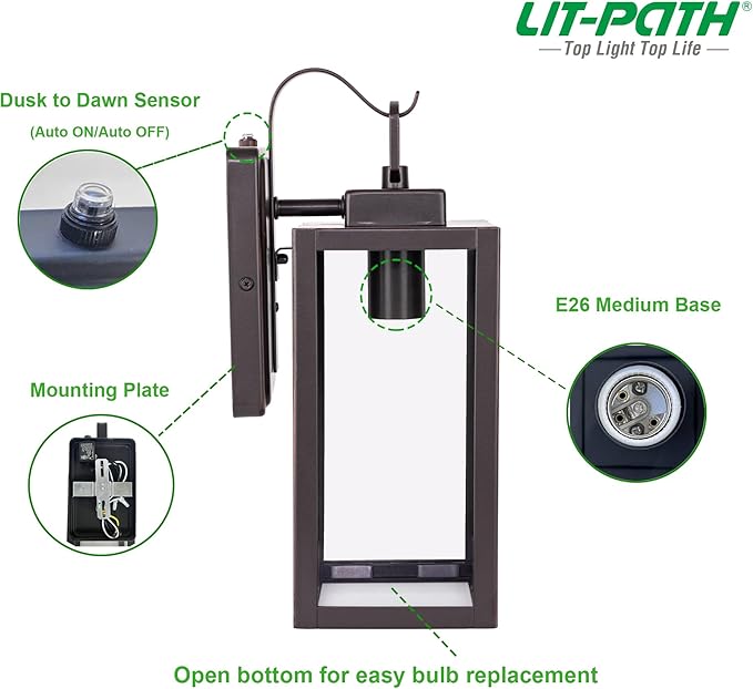 LIT-PaTH Dusk to Dawn Outdoor Wall Lantern, Wall Sconce as Porch Lighting Fixture, E26 Medium Base Max 60W, Anti-Rust Metal with Glass Shade, Oil Rubbed Bronze Finish, 1-Pack