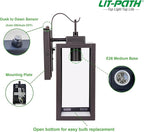 LIT-PaTH Dusk to Dawn Outdoor Wall Lantern, Wall Sconce as Porch Lighting Fixture, E26 Medium Base Max 60W, Anti-Rust Metal with Glass Shade, Oil Rubbed Bronze Finish, 1-Pack