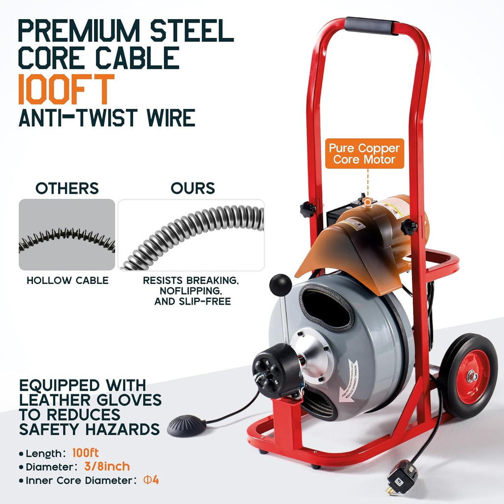 Albott 100 FT x 3/8 inch Electric Drain Cleaner Machine with Auto-Feed & 10 Cutters, Sewer Snake Auger for 1–4 Inch Pipes, Foot Switch & Wheels, Ideal for Home & Commercial Use, Gray/Red