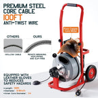 Albott 100 FT x 3/8 inch Electric Drain Cleaner Machine with Auto-Feed & 10 Cutters, Sewer Snake Auger for 1–4 Inch Pipes, Foot Switch & Wheels, Ideal for Home & Commercial Use, Gray/Red