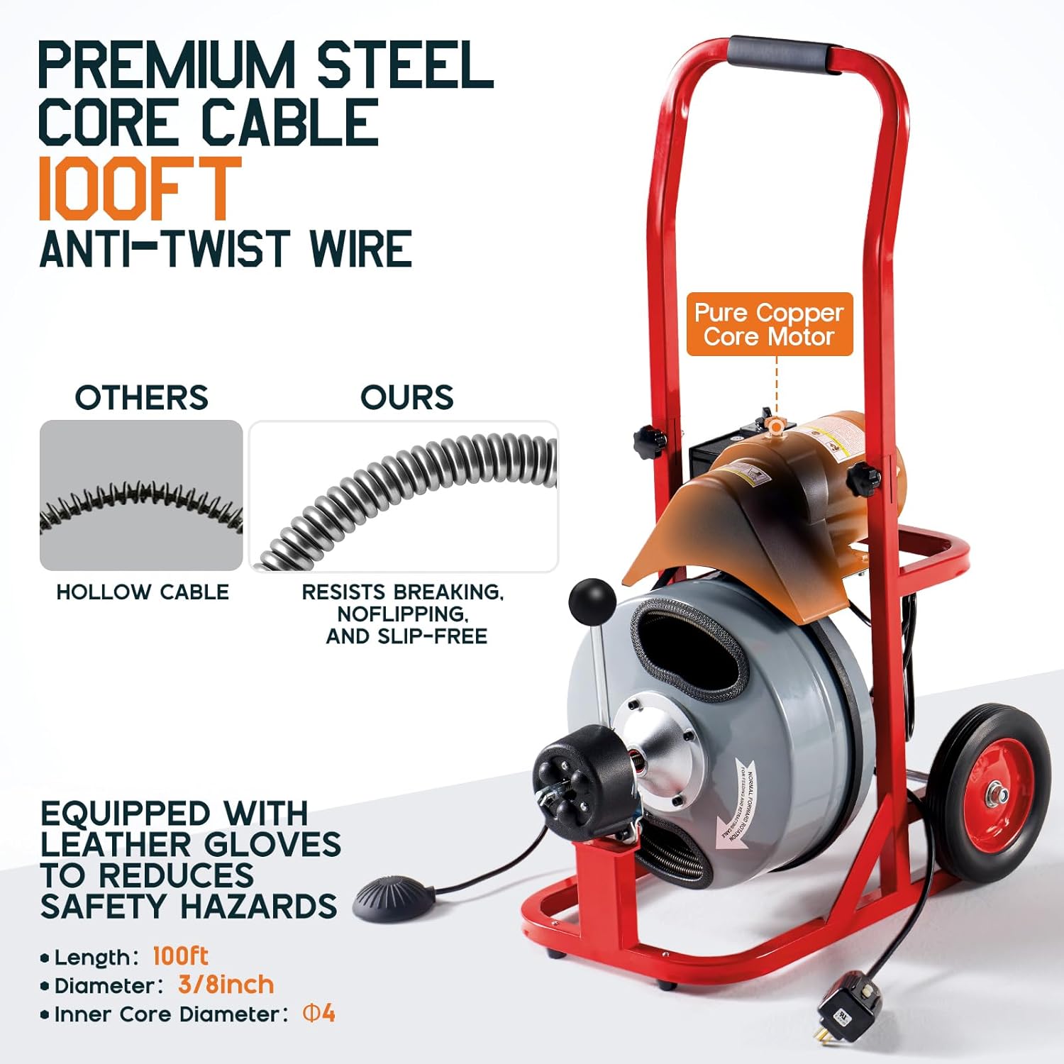 Albott 100 FT x 3/8 inch Electric Drain Cleaner Machine with Auto-Feed & 10 Cutters, Sewer Snake Auger for 1–4 Inch Pipes, Foot Switch & Wheels, Ideal for Home & Commercial Use, Gray/Red