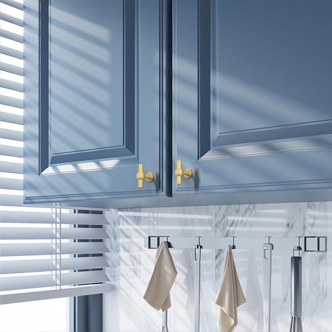 Amerdeco 10 Pack Brushed Gold Cabinet Knobs 1.46 Inch(37mm) Single Hole Cabinet Handles Rectangle Dresser Knobs Drawer Knobs and Pulls for Bathroom Cabinets ZH0069