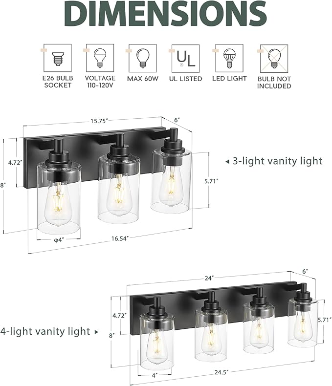 3-Light Bathroom Light Fixtures, Black Vanity Light with Cylinder Clear Glass Shade, Modern Vanity Lighting Fixtures Over Mirror, VL143-MB-3