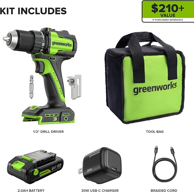 Greenworks 24V Cordless Brushless 400 in-lbs Drill/Driver, Lightweight, LED Work Light,18+1 Clutch, 2.0Ah USB-C Battery (12,000mAh Power Bank),30W USB-C Charger and USB C to USB C Cable(3.3FT)