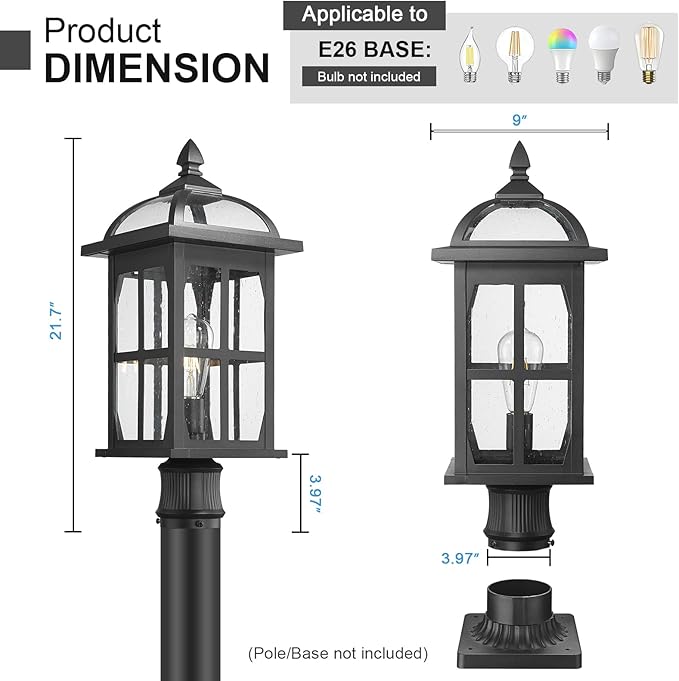 Darkaway Large Outdoor Post Lights Lamp Posts Outdoor Lighting, 21.7inch Waterproof Aluminum Post Lights Exterior Light Fixtures with Glass,Overside Fence Pole Lights for Porch Yard Patio Garage