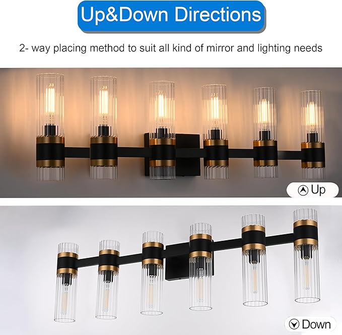 MELUCEE 6 Lights Bathroom Lighting Fixtures Over Mirror, Farmhouse Vanity Lights Matte Black Finish with Ribbed Clear Glass Shade, Metal Wall Mount Light for Bath Kitchen Living Room, E12 Base