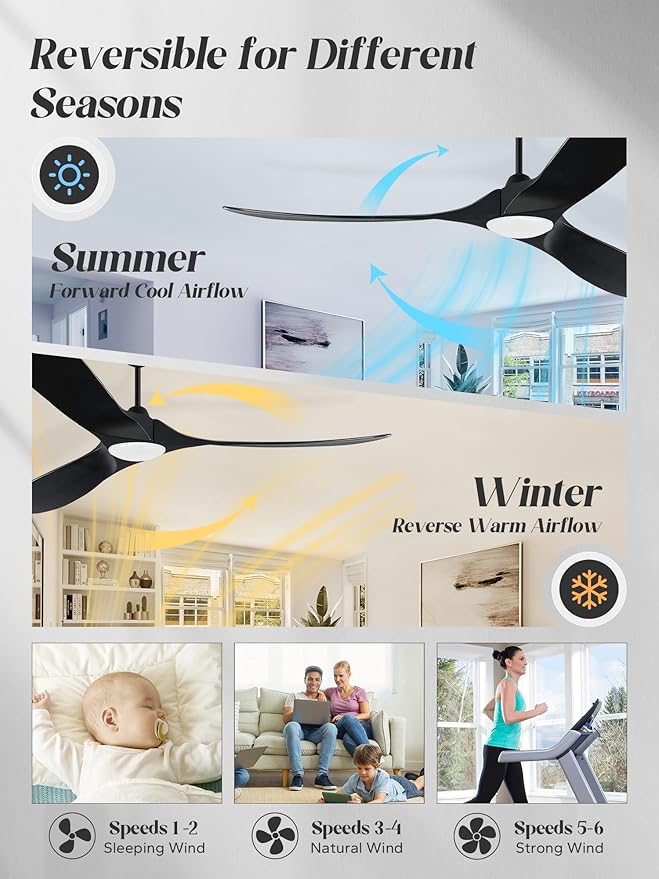 60 inch Outdoor Ceiling Fan for Patios with Light, Black Ceiling Fan with Light, Large Airflow 3 Reversible Solid Wood Blades, DC Motor, Damp Rated Ceiling Fans for Famhouse Exterior Porch