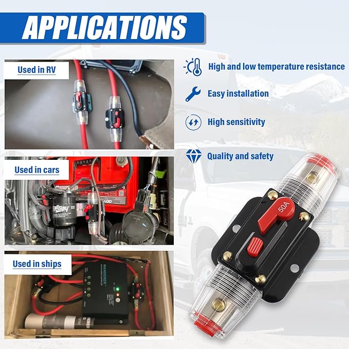 BOJACK 50A Audio Inline Circuit Breaker Reset Fuse Holder 12-24V DC Manual Reset Fuse Holder 3-15 AWG Overload Protection for Car Audio Sound Amplifier System RV Marine Boat Truck Solar Inverter