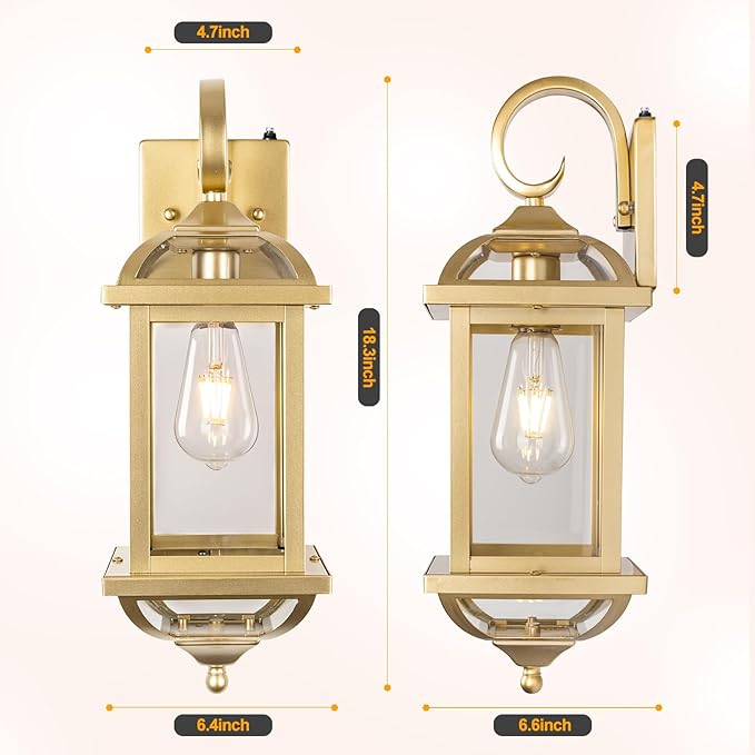 Large Dusk to Dawn Golden Outdoor Sconces 2-Pack, Anti-Rust Aluminum Brass Outdoor Light Fixtures Enclosed Bottom Exterior Lighting Wall Scones IP65 Waterproof Outside Wall Lanterns