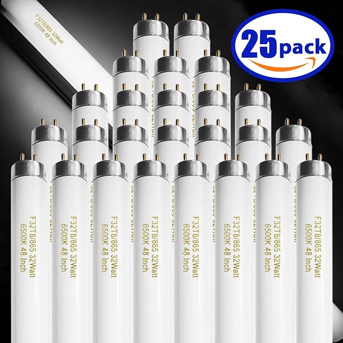 25 Pack T8 Fluorescent Bulbs 4 Foot, F32T8/865 Fluorescent Light Bulb 48 Inch 32 Watt 6500K Daylight 2500 Lumens G13 Base