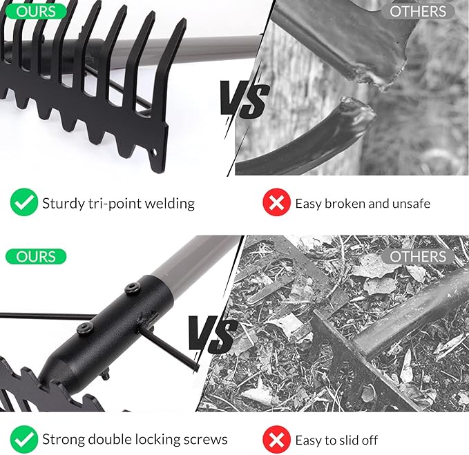 Walensee 5.4FT Bow Rake Heavy Duty Garden Rake with Stainless Steel Handle, 17 Steel Tines Garden Tool for Loosening Soil Gathering Leaf Leveling Lawn Farming Land Management Yarn Thatch Rakes