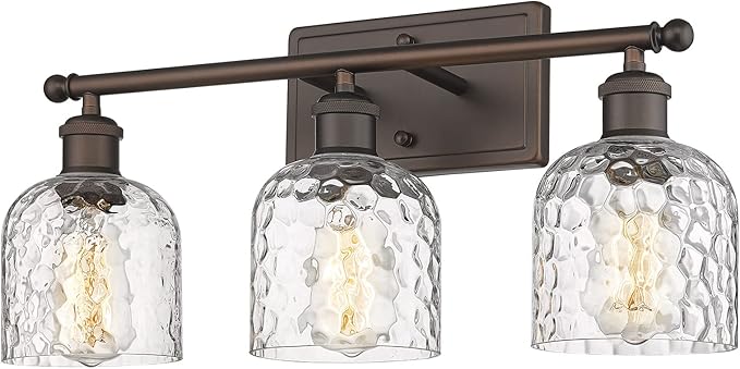 zeyu 3-Light Farmhouse Vanity Light Over Mirror, 21-inch Bathroom Light Fixtures with Hammered Glass Lampshade, Oil Rubbed Bronze Finish, ZJF63B-3W ORB
