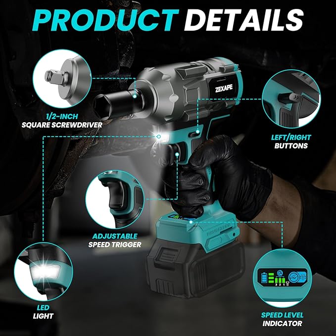 Cordless Impact Wrench 1/2 inch for Makita 18V Battery, Impact Wrench 950Ft-lbs High Torque Brushless Electric Impact Gun, Power Impact Driver with 3-Mode Speed, LED Work Light(no battery)