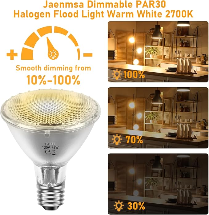 Par30 Long Neck Halogen Flood Bulbs 75W 120V, Par30 Halogen Indoor Floodlight Bulbs Outdoor E26 Dimmable 2700K Bulb 2 Pack for 5-6in Recessed/Ceiling Can/Accent/Tracking Lights