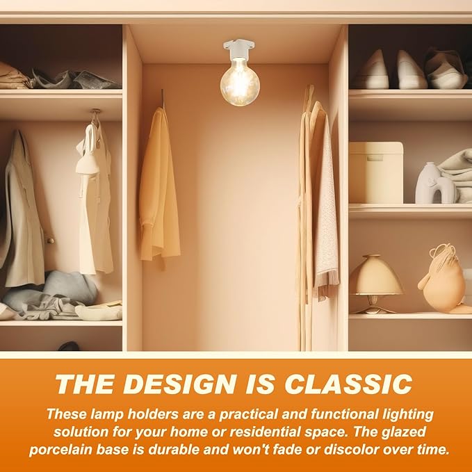 8 Pcs E26 Light Socket Porcelain Lamp Holder Socket Medium Keyless Threaded Base with Two Hole Flange Mounting and 6" Wire Indoor Garage Closet Lighting