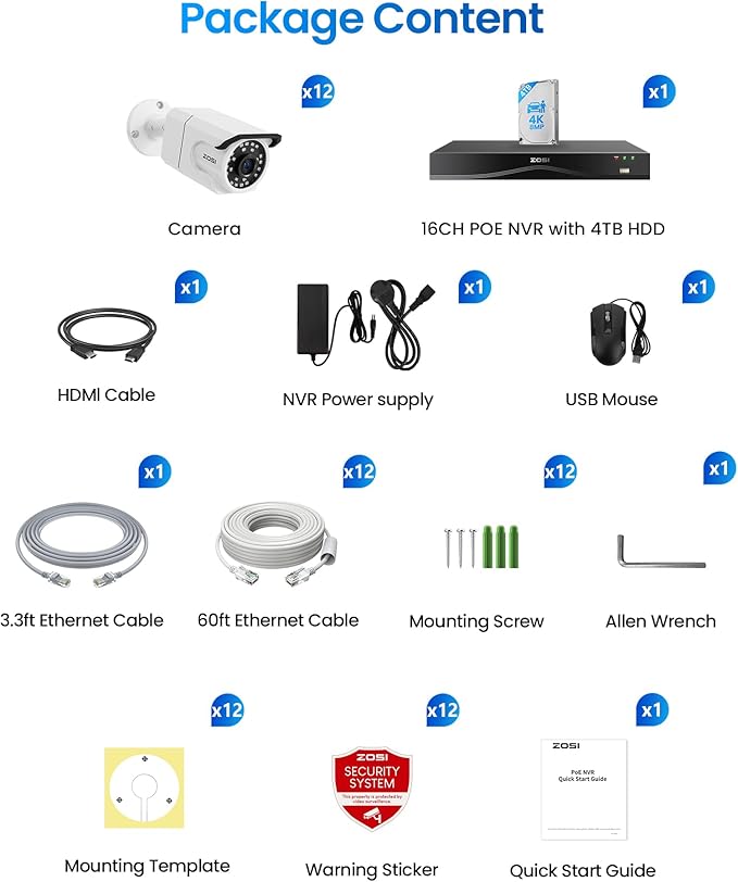 ZOSI 32CH 4K PoE Security Camera System,12pcs 8MP Outdoor Indoor Cameras,One-Way Audio,Person/Vehicle Detection,People Counting,Dual Disk Backup,16Port 32-Channel NVR with 4TB HDD for 24/7 Recording