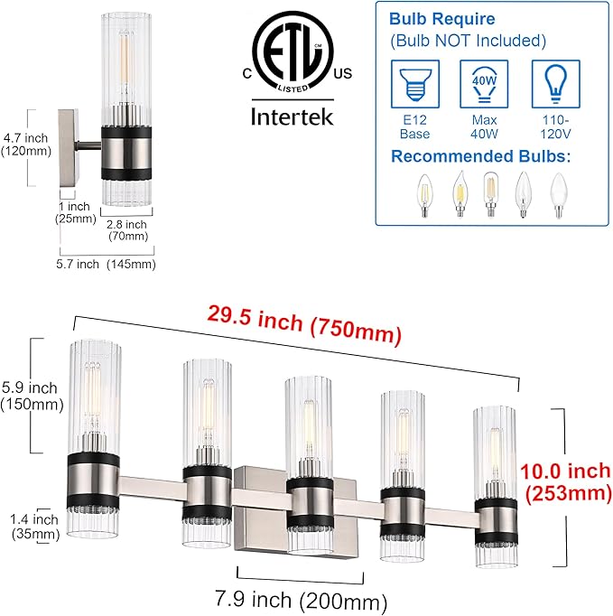 MELUCEE 5-Light Vanity Bathroom Lights, Modern Brushed Nickel Bathroom Light Fixtures Over Mirror with Ribbed Clear Glass Shade, Wall Mount Lamp for Bath Kitchen Bedroom Hallway, E12 Base