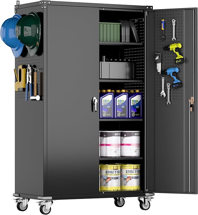 72" H Extra Wide and Deep Garage Storage Cabinet with Wheels & Pegboard, Large Locking Metal Storage Cabinet with 2 Doors and 4 Adjustable Shelves for Garage, Home, Black