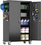 72" H Extra Wide and Deep Garage Storage Cabinet with Wheels & Pegboard, Large Locking Metal Storage Cabinet with 2 Doors and 4 Adjustable Shelves for Garage, Home, Black