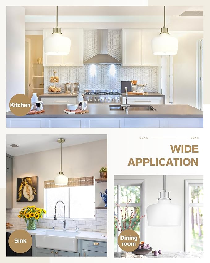 Emak 2 Pack Brushed Nickel Pendant Light Fixtures, 8 Inch Milk Glass Pendant Lights Kitchen Island, Modern Island Lights for Kitchen, Dining Room, Bathroom, PL122-BN-ML-2PK