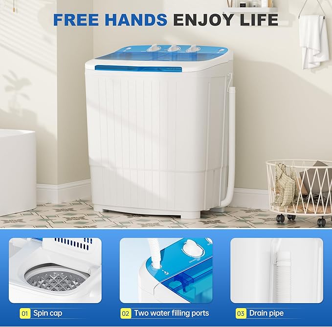 Superday Portable Washing Machine, 17.6lbs Small Washing Machine and Spin Dryer Combo, Mini Twin Tub Laundry Machine for Camping, Apartments, Dorms, College Rooms, RV, Delicates, Blue