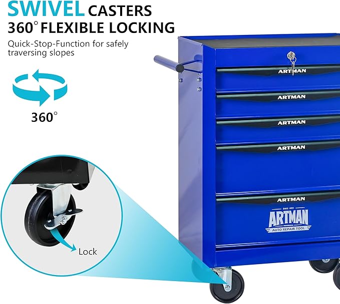 5 Drawers Rolling Tool Box on Wheels, Multifunctional Tool Chest Cabinet with Lock, Drawers Rolling Tool Cart Trolley Organizer Tool Storage Case for Warehouse,Garage,Workshop (Blue)