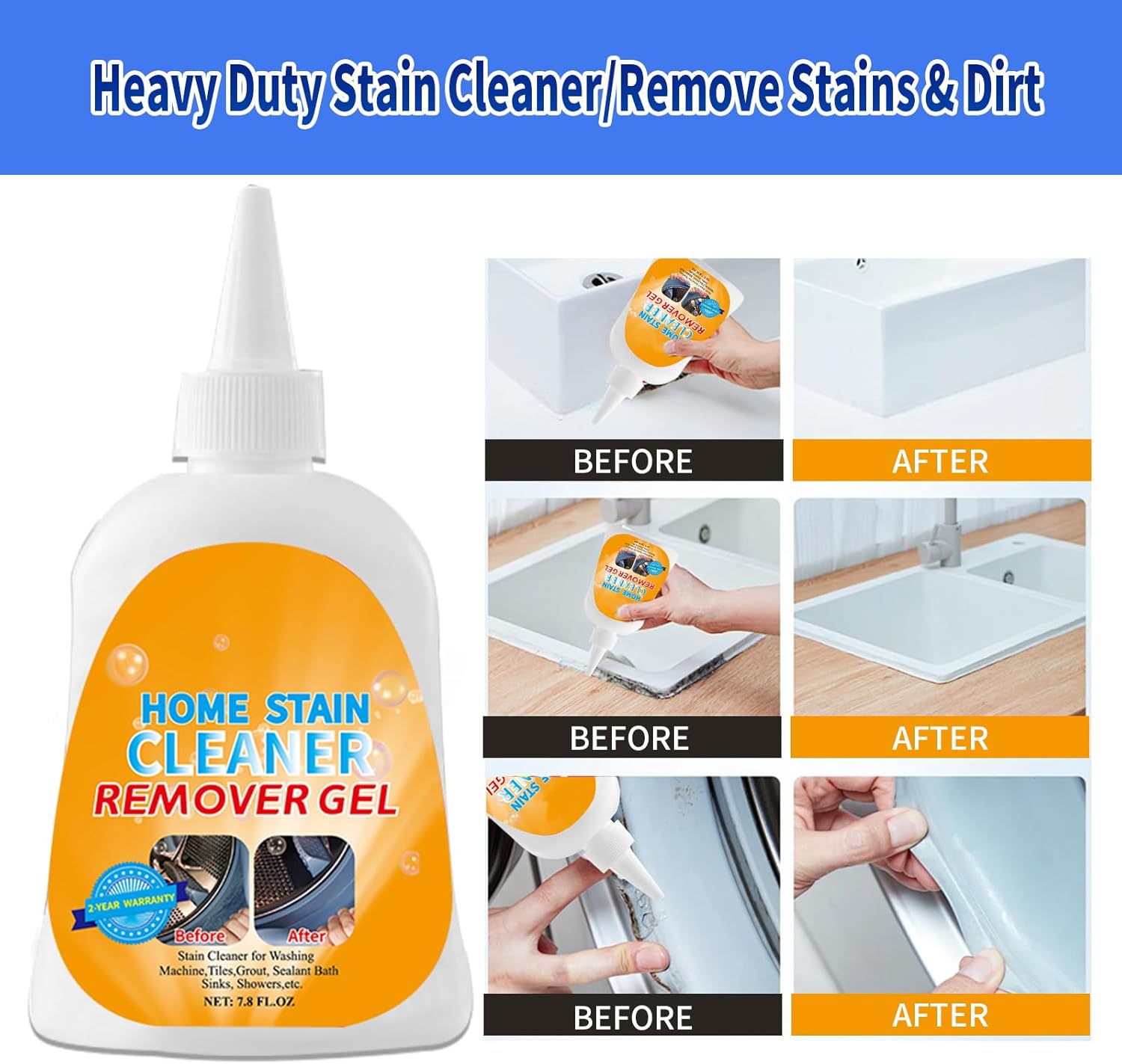 Home Stain Remover Gel – Stubborn Stain Cleaner (Safe for Washing Machine Seals, Sinks & Tiles | No-Slip Formula | 8H Penetration | 15.6OZ)