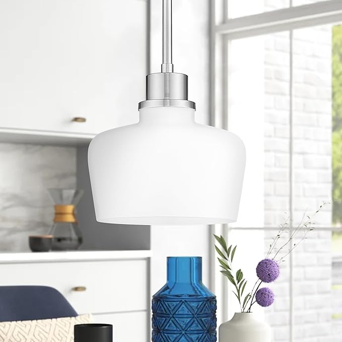 Emak Pendant Lights Kitchen Island with Milk Glass Shade, Modern 8 Inch Brushed Nickel Pendant Light Hanging Lights for Kitchen Island, Dining Room, Bathroom, Bedroom, PL122-BN-ML