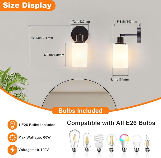 DLLT Wall Sconces Set of Two: Modern Bathroom Vanity Light Fixtures - Matte Black Vanity Lights with Milky White Glass Shade - Farmhouse Wall Lamp for Bedroom Living Room Mirror Hallway Kitchen