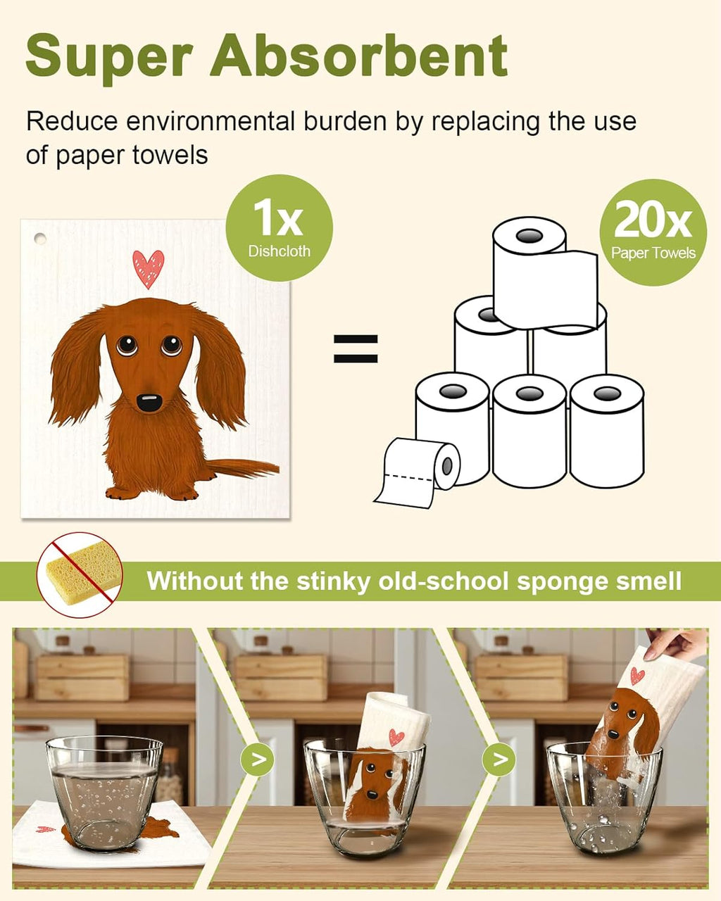 6 Pack Swedish Dishcloths for Kitchen - Reusable Dish Cloths for Washing Dishes Absorbent Cute Funny Kitchen Towels Cleaning Sponge, Love Dachshund