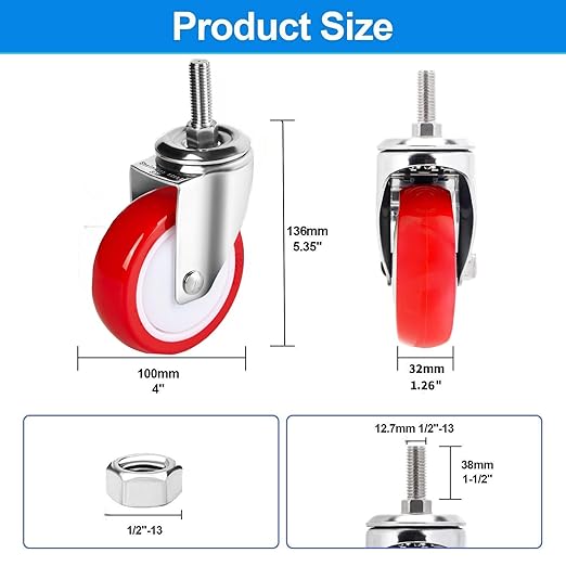 Stainless Steel Caster Wheels 4 inch, 1/2"-13x1-1/2 Threaded Stem Swivel Casters Set of 4, Non-Marking Slient Polyurethane PU Wheels for Furnitures,Restaurants,Labs,Hospitals