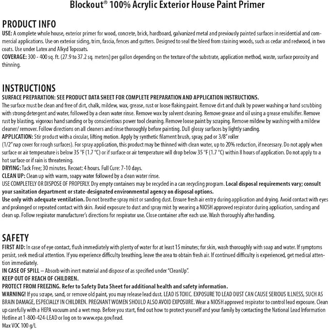 INSL-X Block Out Acrylic Exterior Wood Stain Blocking Primer, White, 1 Gallon