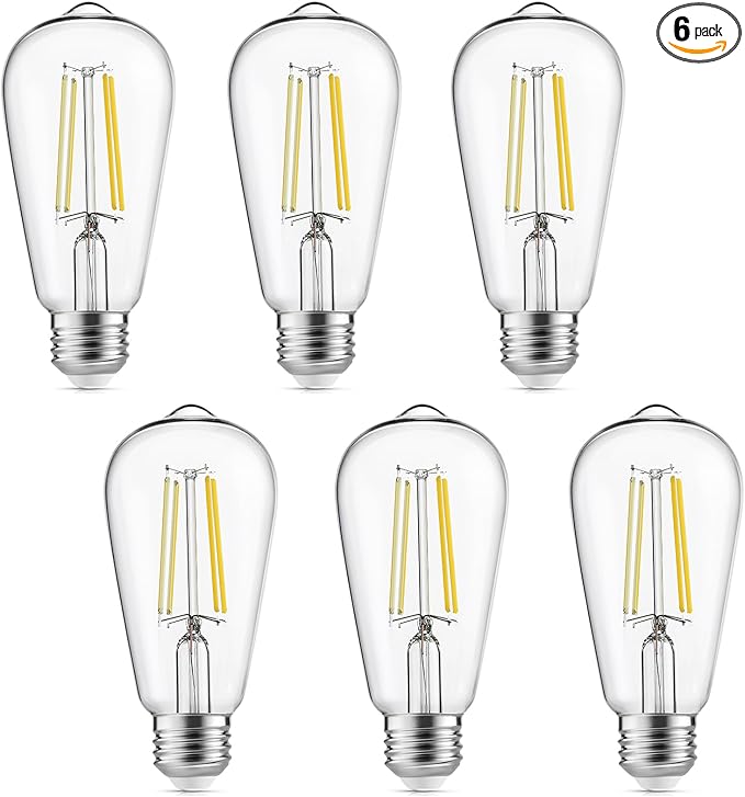 Vintage LED Edison Bulbs, 6W, Equivalent 60W, High Brightness Cool White 4000K, ST58 Antique LED Filament Bulbs with 90+ CRI, E26 Medium Base, Dimmable, Clear Glass, Pack of 6