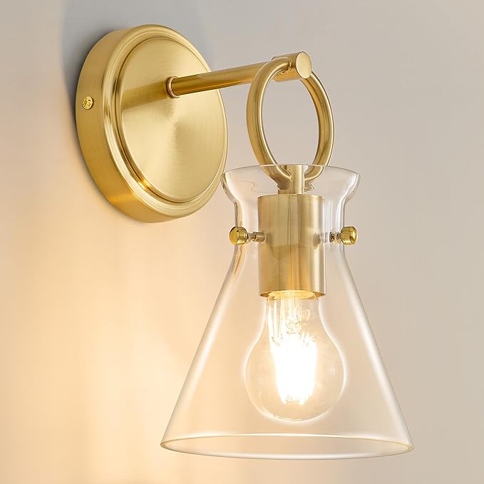Gold Wall Sconce 1-Light Hardwired Wall Mount Modern Farmhouse Vanity Light Fixtures with 6 Inch Clear Glass Shade, Wall Lights for Bathroom, Bedroom, Living Room, Mirror, Kitchen, Lighting Lamp