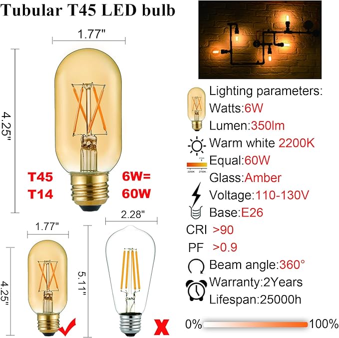 LiteHistory E26 LED Bulb 6W Equivalent E26 Bulb 60 watt Warm White 2200K Amber E26 Edison Bulb dimmable AC120V 400lm Tubular T14 T45 LED Bulb for Pendant, Sputnik,Vanity,Wall sconces Pack of 6