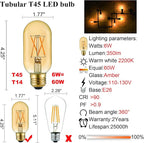 LiteHistory E26 LED Bulb 6W Equivalent E26 Bulb 60 watt Warm White 2200K Amber E26 Edison Bulb dimmable AC120V 400lm Tubular T14 T45 LED Bulb for Pendant, Sputnik,Vanity,Wall sconces Pack of 6