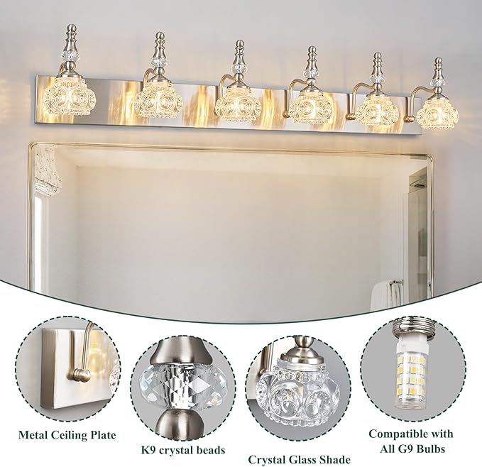 Modern Glass Crystal Vanity Light - Vintage Bathroom Lighting Fixtures Over Mirror, 6 Light Vanity Lights G9 Bulb (43.3 Inch, Nickel)